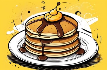 Pancakes on a blue plate on a pink background