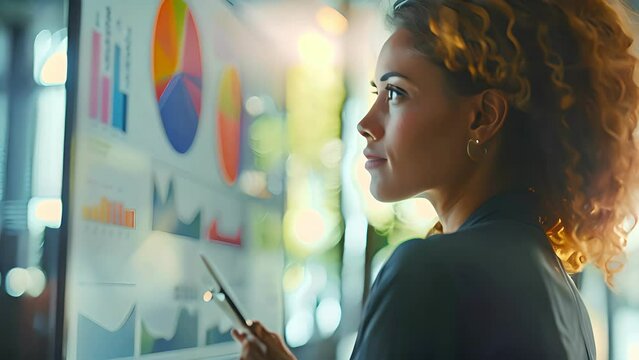 woman is looking at a computer monitor with chart. Exclusive business female is pointing at the chart and seems to be explaining and present business, professional.