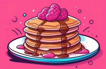 Pancakes on a blue plate on a pink background