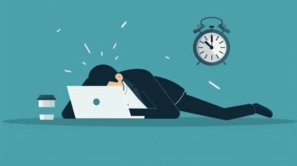 Tired businessman sleeping on a laptop with clock in the background