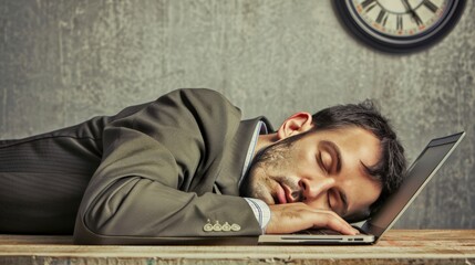 Obraz premium Tired businessman sleeping on a laptop with clock in the background