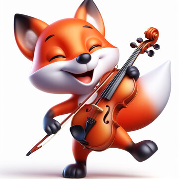 3D funny red fox cartoon playing violin. Fun wild animals for children's illustrations. AI generated