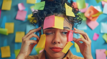 Woman's face covered with todo post-it notes with hands grabbing hair on the head - obrazy, fototapety, plakaty