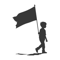 Silhouette little boy ran while carrying a plain black flag