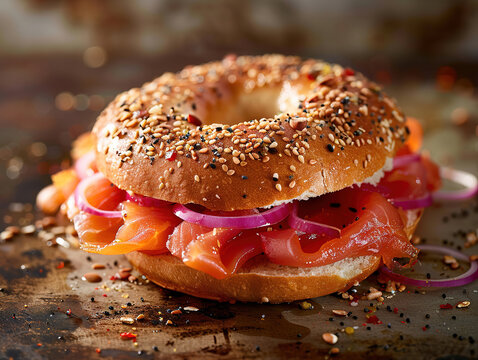 Top down view of Everything bagels with salmon lox, cream cheese and garnished with capers and sprouts. Delicious bagel and lox photography, explosion flavors