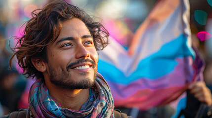 hispanic man in a march for lgbtq rights, smiling on a bisexual flag  - obrazy, fototapety, plakaty