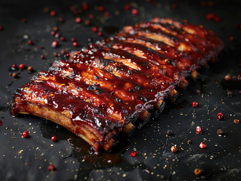 Spicy hot grilled spare ribs from a summer BBQ served with a hot chili pepper and fresh tomatoes on an old vintage wooden cutting board