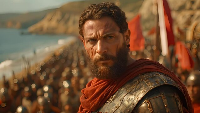 4K HD video clips General Athene leads his warriors into battle against the Persian army at Marathon Beach.