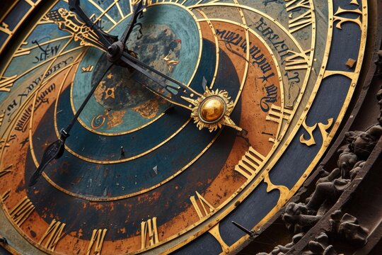 old antique astronomical clock closeup. Change Daylight Saving Time concept. 