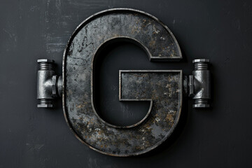 Uppercase letter G with industrial pipelines, steel or iron alphabet, factory style, metallic plumber abc 