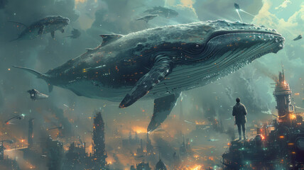 whales flying against the night sky, with futuristic cities of the future,generative ai