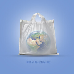 3d globe and poly bag represent Global Recycling Day . 3d illustration.