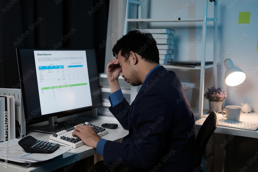 Poster A man is sitting at a desk with a computer monitor and keyboard in front of him