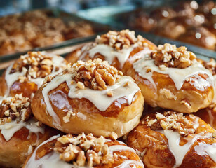 Freshly baked delicious sticky buns with glaze and chopped walnuts. - 754427563