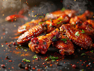 Delicious buffalo wings photography, explosion flavors, studio lighting, studio background, well-lit, vibrant colors, sharp-focus, high-quality, artistic, unique. Buffalo Hot Wings