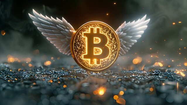 Bitcoin flying with wings. Bitcoin and cryptocurrency investing concept. Bitcoin cryptocurrency gold coin. Trading on the cryptocurrency exchange. Trends in bitcoin exchange rates. Rise and fall chart