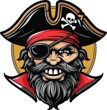 Esport vector logo pirate, icon, sticker, symbol, corsair, rover, buccaneer, filibuster. Angry pirate head face with hat and eye patch mascot design vector illustration.