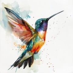 colorful hummingbird in flight watercolor illustration with paint splashes