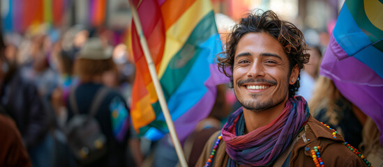 20s gay latin man smiling and holding a rainbow flag.  Concept of happiness and pride in the man's identity