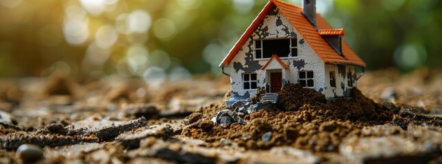 Miniature house model on cracked soil, under warm sunlight, depicting real estate instability or market vulnerability. - obrazy, fototapety, plakaty