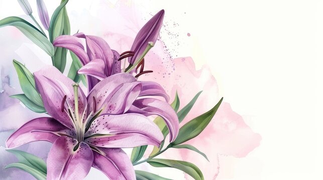 Elegant purple lily flower with watercolor style, copy space background and invitation wedding card