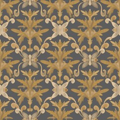 Seamless baroque pattern with stylized accanthus leaves on a dark gray pastel background, radial symmetry. Suitable for interior, wallpaper, fabrics, clothing, stationery.