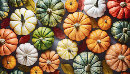 Pumpkins with different colors and shapes, top view.