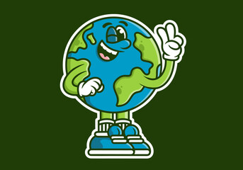 Character illustration of earth with hands forming a symbol of peace. blue green colors