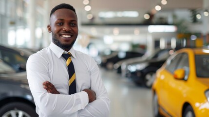 Confident car salesman standing in a showroom - obrazy, fototapety, plakaty