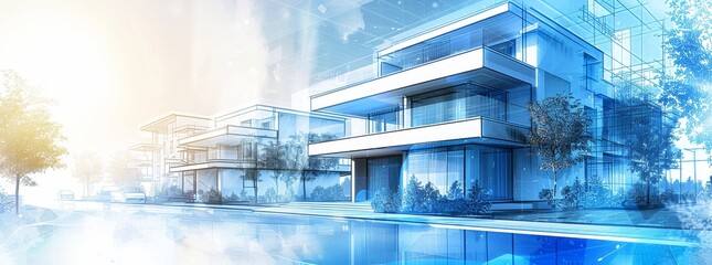 Digital architectural rendering of modern houses in a residential area, with a glowing blue overlay, representing real estate development.