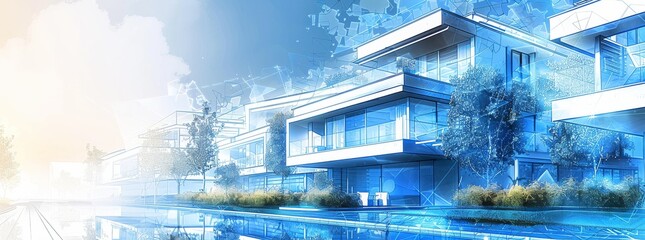 Digital architectural rendering of modern houses in a residential area, with a glowing blue overlay, representing real estate development.