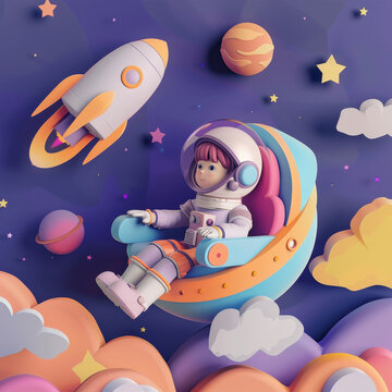 3D flat cartoon kid dreaming of space exploration