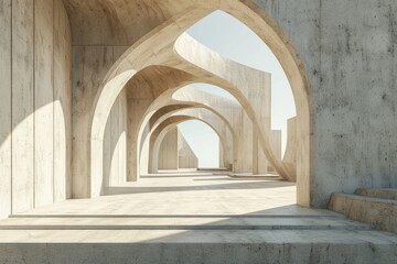futuristic minimal beige concrete natural mineral stone arches 3d rendering architecture. Corridor...