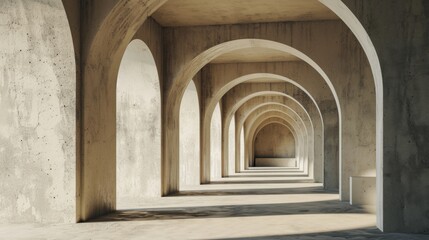 minimal beige concrete natural mineral stone arches 3d rendering architecture. Corridor luxury hotel, gallery or museum lit with sun. Arch frame.