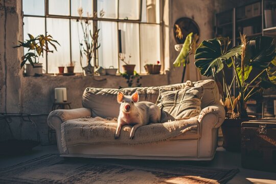 mini pig pet in boho cozy interior room on a couch or sofa at home with green plants. Adorable piggy. 