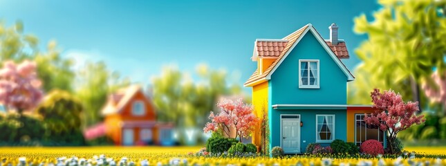 Charming miniature blue house with orange roof in a vibrant, colorful neighborhood surrounded by lush greenery and blooming flowers, under a sunny sky.
