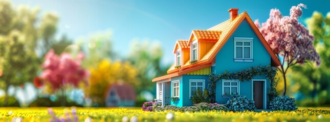 Charming miniature blue house with orange roof in a vibrant, colorful neighborhood surrounded by lush greenery and blooming flowers, under a sunny sky. - obrazy, fototapety, plakaty