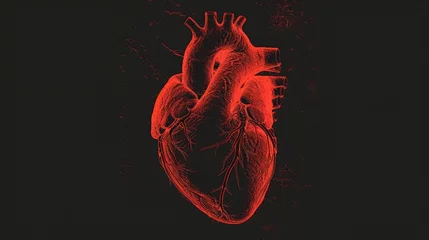 Fotobehang A bold graphic of a red heart silhouette against a black backdrop, designed to evoke a deep understanding of heart health and the ongoing battle against cardiovascular conditions © Татьяна Креминская