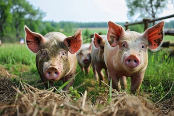 pigs on a farm walking outside. Farm animals ethics standards. Sustainable pig farming.
