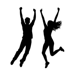 Silhouettes of man and woman jumping