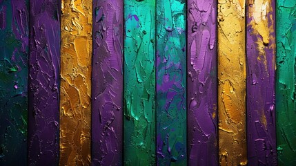 Vibrant purple, green, and gold stripes with glitter effect background, capturing the festive...