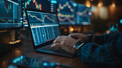 Crypto trader investor analyst broker using pc computer analyzing digital cryptocurrency exchange stock market charts graphs thinking of investing funds risks in trading platform global analytics. - obrazy, fototapety, plakaty
