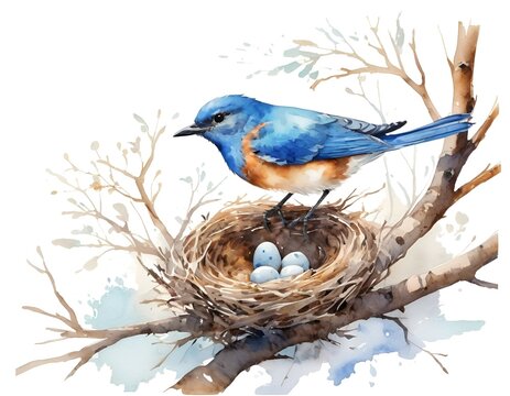 spring postcard with the image of a blue bird in a nest on a tree branch, isolated on a white background collection in the style of watercolor illustration