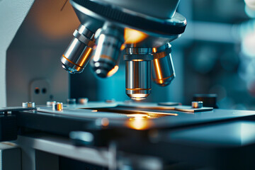 A close-up shot reveals a microscope with a metal lens in a laboratory setting. The lens gleams under the light, showcasing intricate details of its construction. Surrounding equipment suggests 