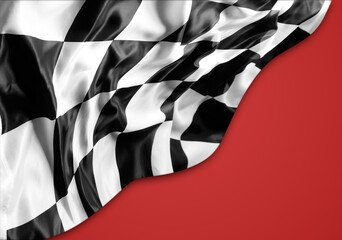 Checkered black and white racing flag on red background. Copy space