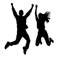 Silhouettes of man and woman jumping