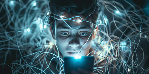 Teenage boy trapped in smartphone Addiction,  - obrazy, fototapety, plakaty