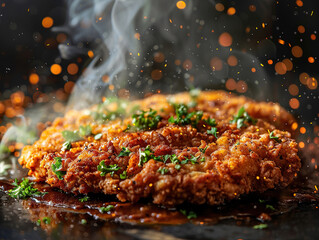 Delicious chicken-fried steak photography, explosion flavors, studio lighting, studio background, well-lit, vibrant colors, sharp-focus, high-quality, artistic, unique - obrazy, fototapety, plakaty