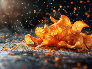 Obraz na płótnie Canvas Potato chips. Delicious chips photography, explosion flavors, studio lighting, studio background, well-lit, vibrant colors, sharp-focus, high-quality, artistic, unique