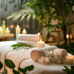 Fototapeta na wymiar Spa still life setting with candles, flowers, and natural elements promoting relaxation, beauty, and health